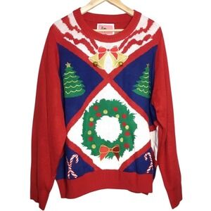 Tipsy‎ Elves XXL Ugly Christmas Sweater Bells Wreath Trees Candy Canes